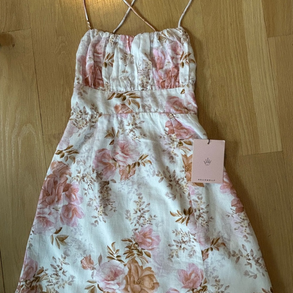 Hello Molly Cream Floral Backless Midi Dress with Pink Blooms